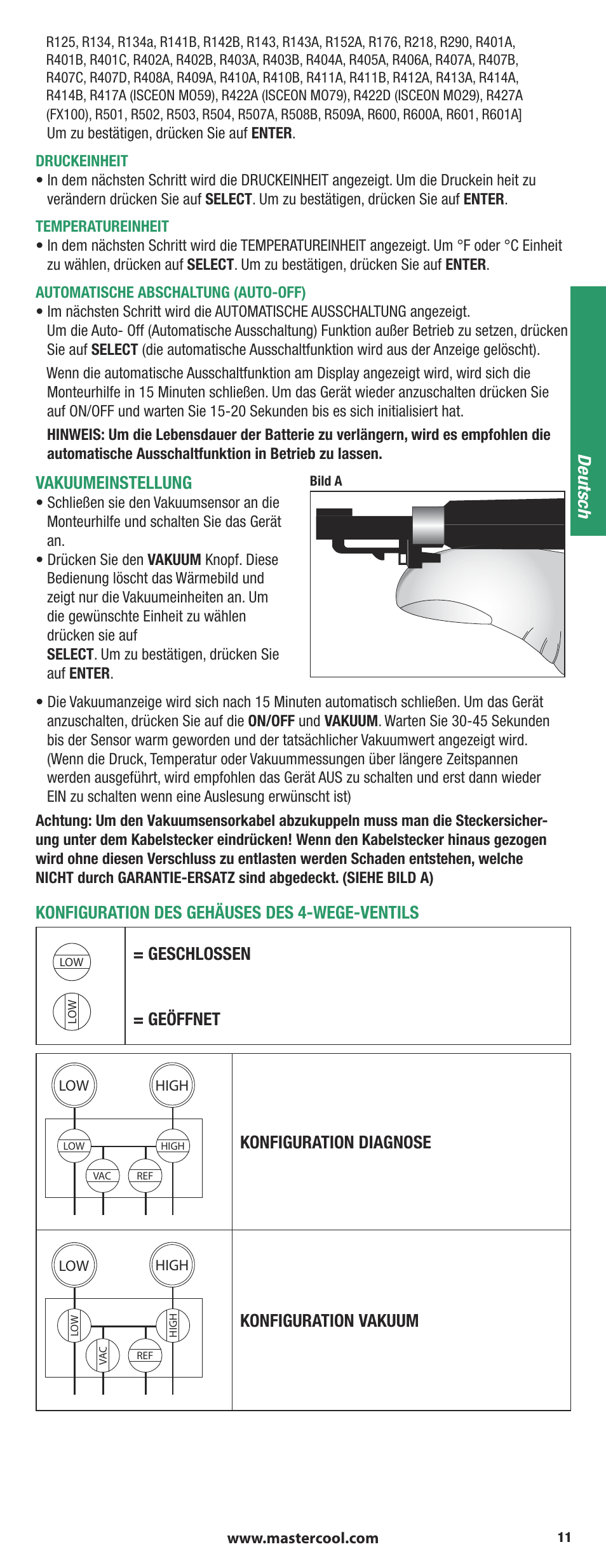 Vakuumeinstellung, Konfiguration des gehäuses des 4-wege-ventils, Geschlossen = geöffnet | Konfiguration diagnose, Konfiguration vakuum deutsch | Mastercool 90413 4-way Valve Digital Manifold User Manual | Page 11 / 48