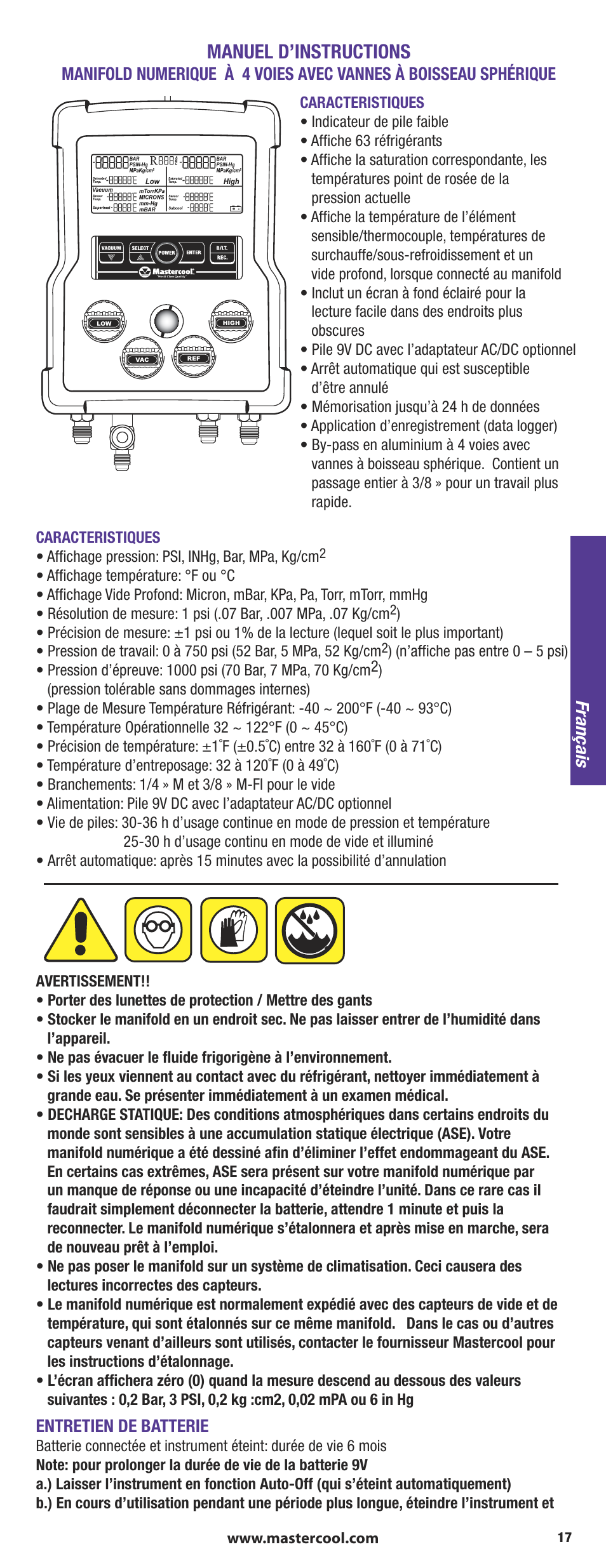 Manuel d’instructions, Entretien de batterie, Français | Mastercool 90413 4-way Valve Digital Manifold User Manual | Page 17 / 48