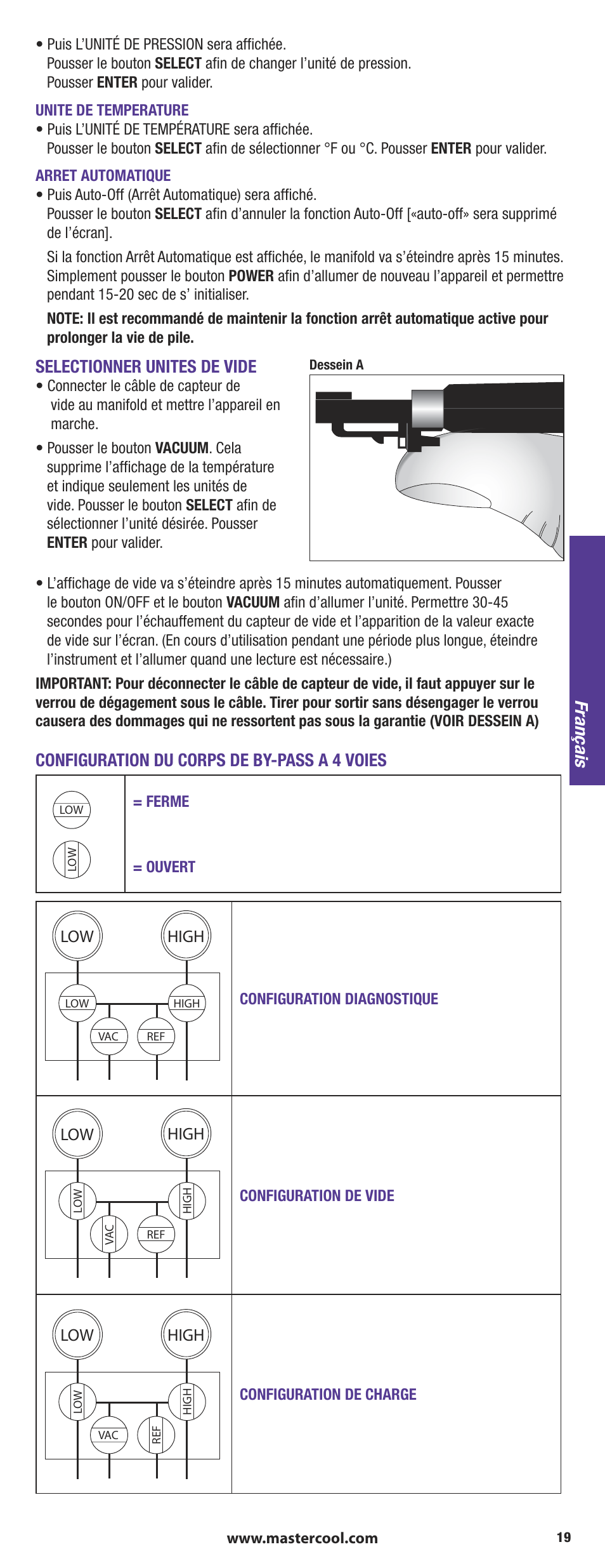 Selectionner unites de vide, Configuration du corps de by-pass a 4 voies, Français | Mastercool 90413 4-way Valve Digital Manifold User Manual | Page 19 / 48