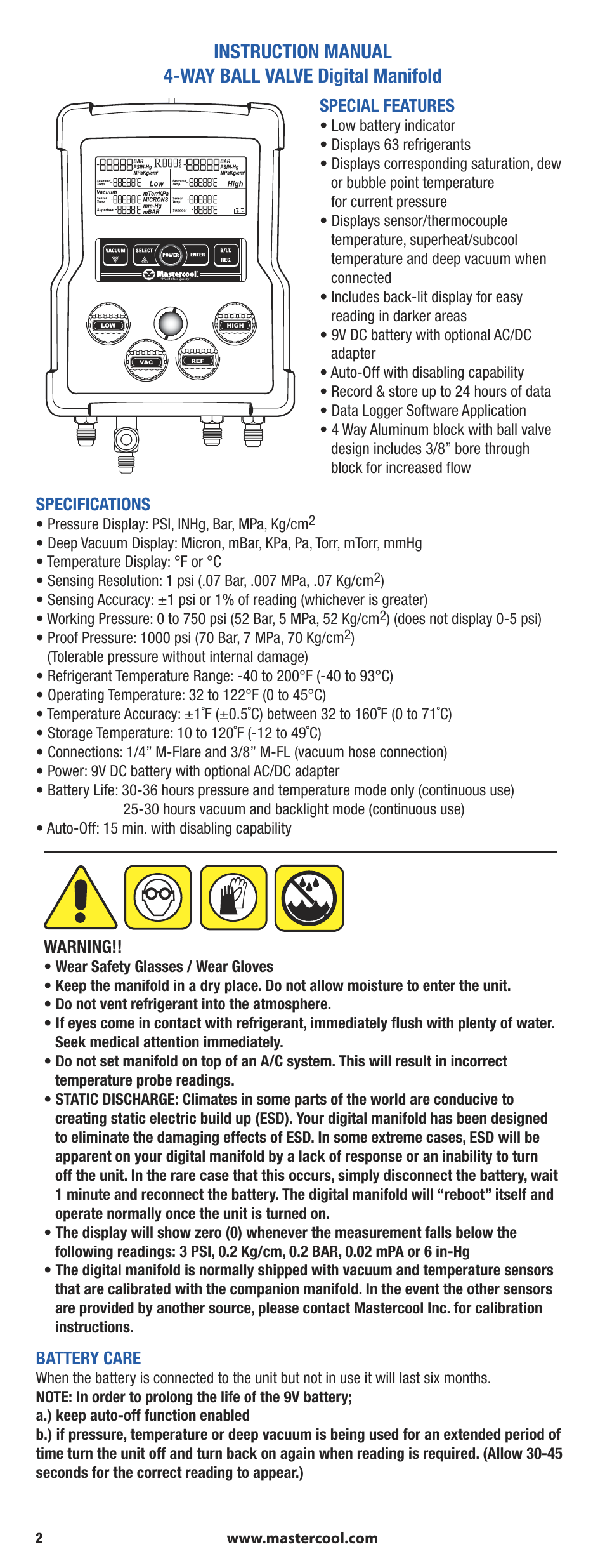 Special features, Specifications, Warning | Battery care | Mastercool 90413 4-way Valve Digital Manifold User Manual | Page 2 / 48
