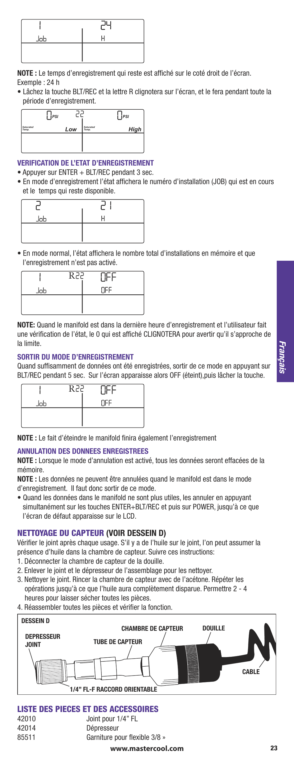 Nettoyage du capteur (voir dessein d), Liste des pieces et des accessoires, Français | Mastercool 90413 4-way Valve Digital Manifold User Manual | Page 23 / 48