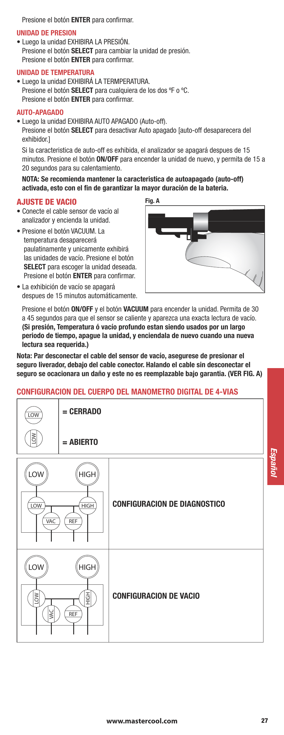 Ajuste de vacio, Cerrado = abierto, Configuracion de diagnostico | Configuracion de vacio español | Mastercool 90413 4-way Valve Digital Manifold User Manual | Page 27 / 48