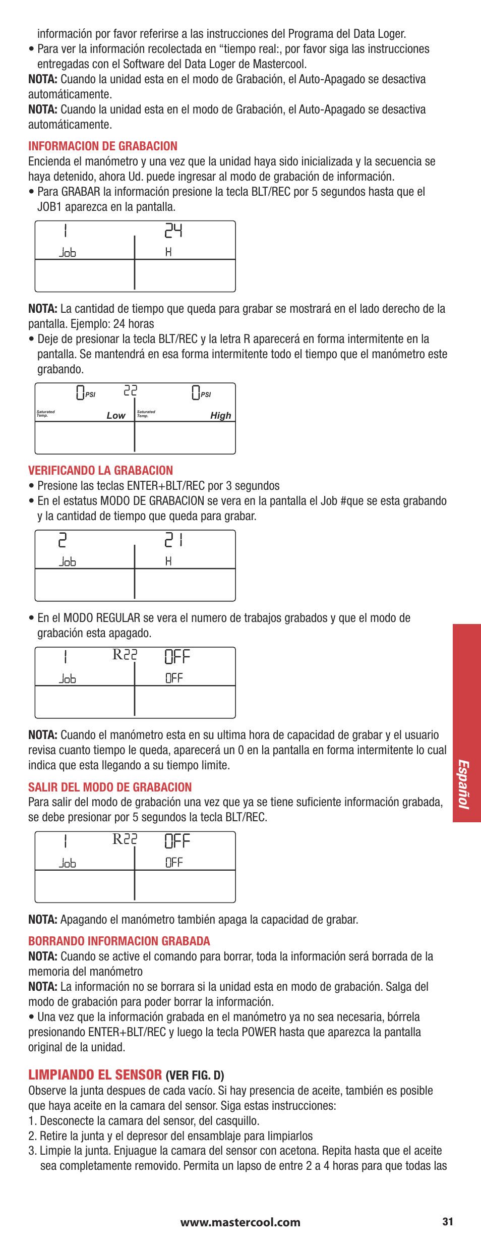 Limpiando el sensor, Español | Mastercool 90413 4-way Valve Digital Manifold User Manual | Page 31 / 48