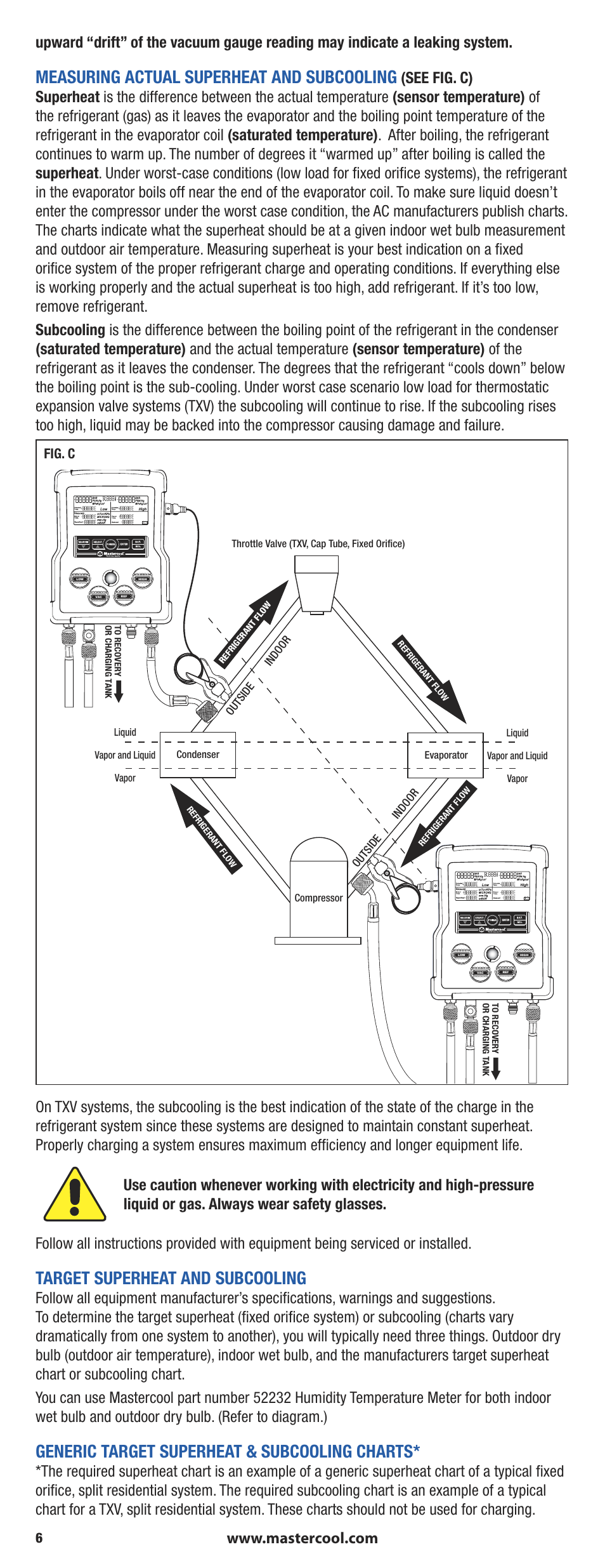 Measuring actual superheat and subcooling, Target superheat and subcooling, Generic target superheat & subcooling charts | Fig. c | Mastercool 90413 4-way Valve Digital Manifold User Manual | Page 6 / 48