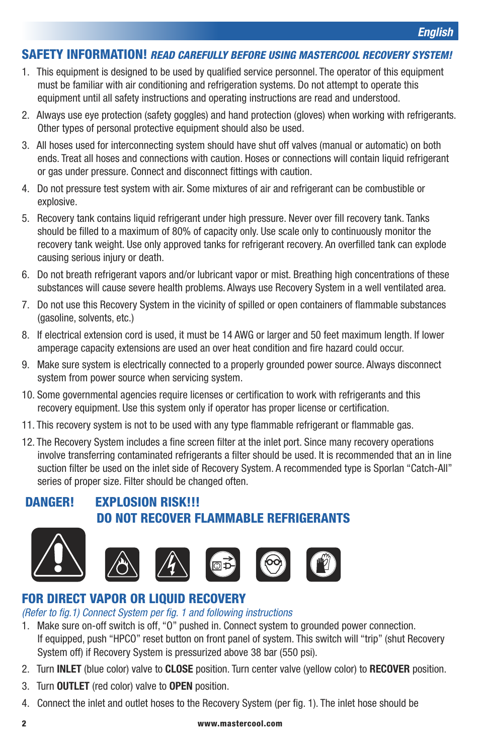 Safety information | Mastercool 69300-220 TWIN TURBO REFRIGERANT RECOVERY SYSTEM User Manual | Page 2 / 16