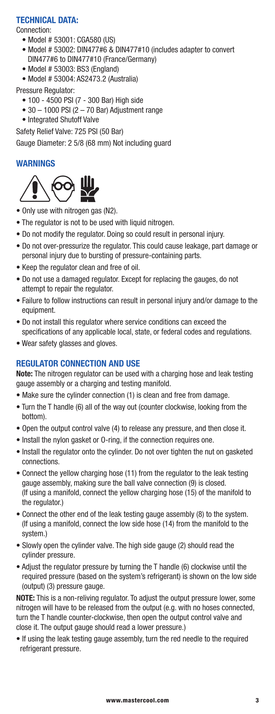 Mastercool 53040 PRESSURE TESTING REGULATOR KIT User Manual | Page 3 / 20