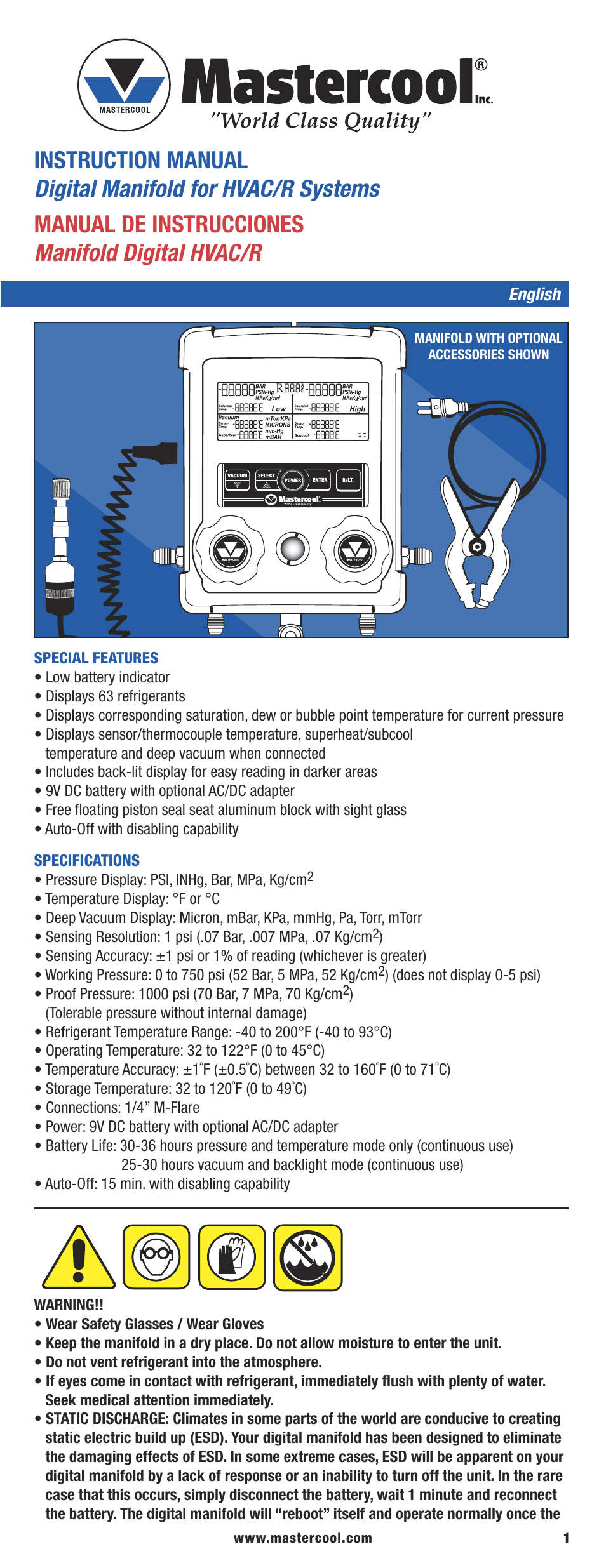 Mastercool 99773-AR HVAC Digital Manifold User Manual | 12 pages