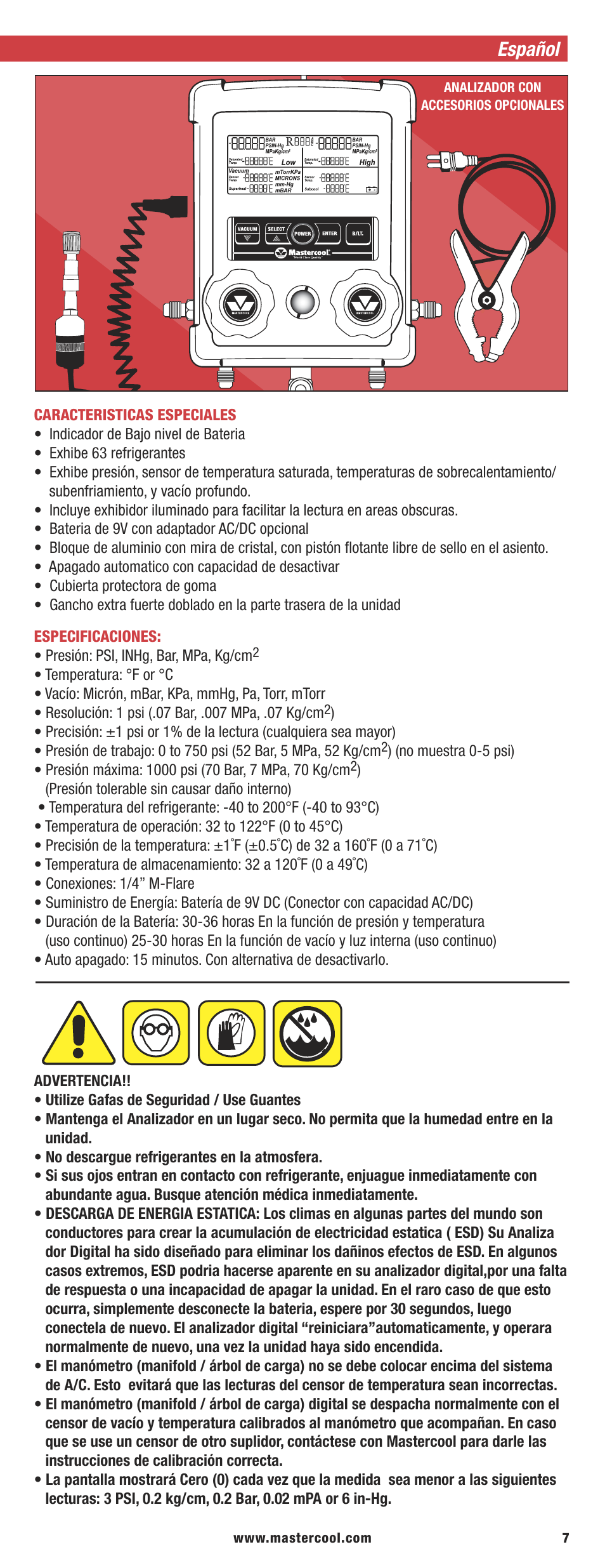 Español | Mastercool 99773-AR HVAC Digital Manifold User Manual | Page 7 / 12