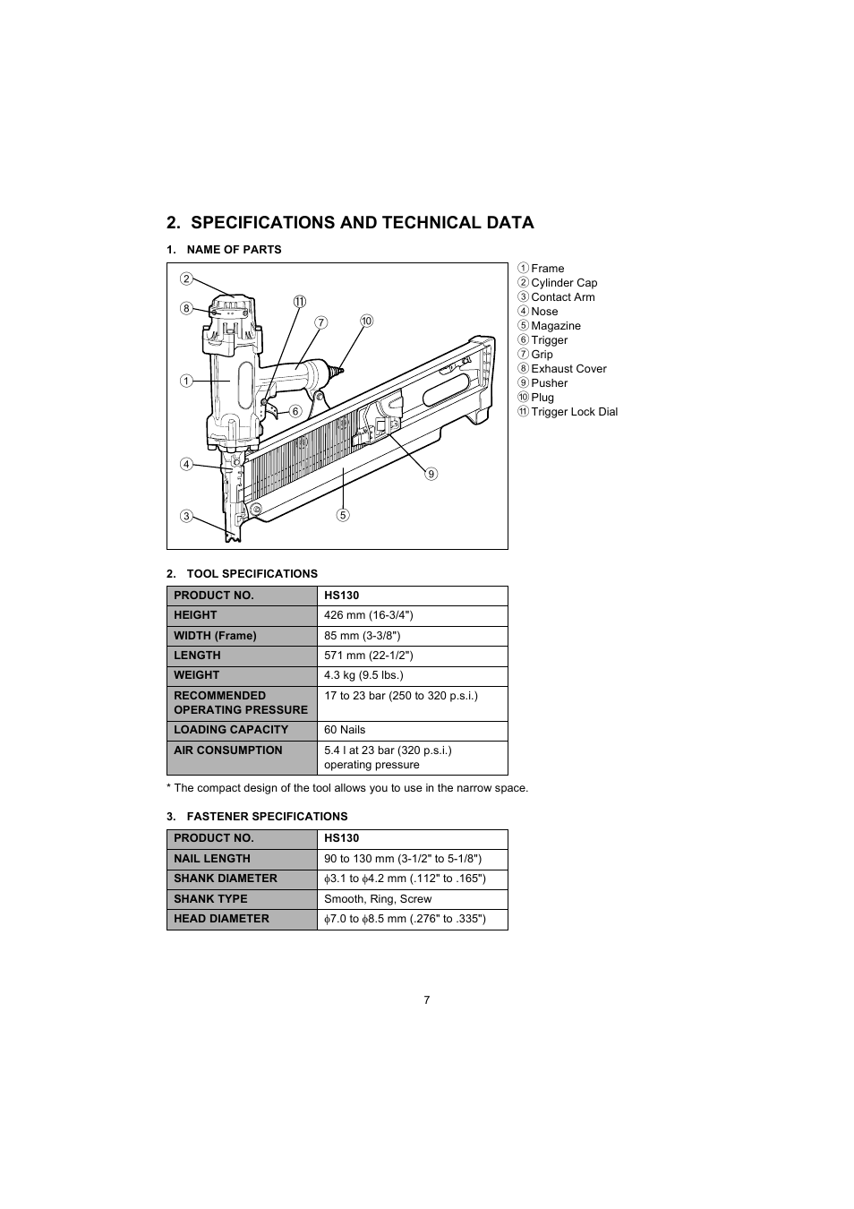 Specifications and technical data | MAX HS130(CE) User Manual | Page 7 / 14