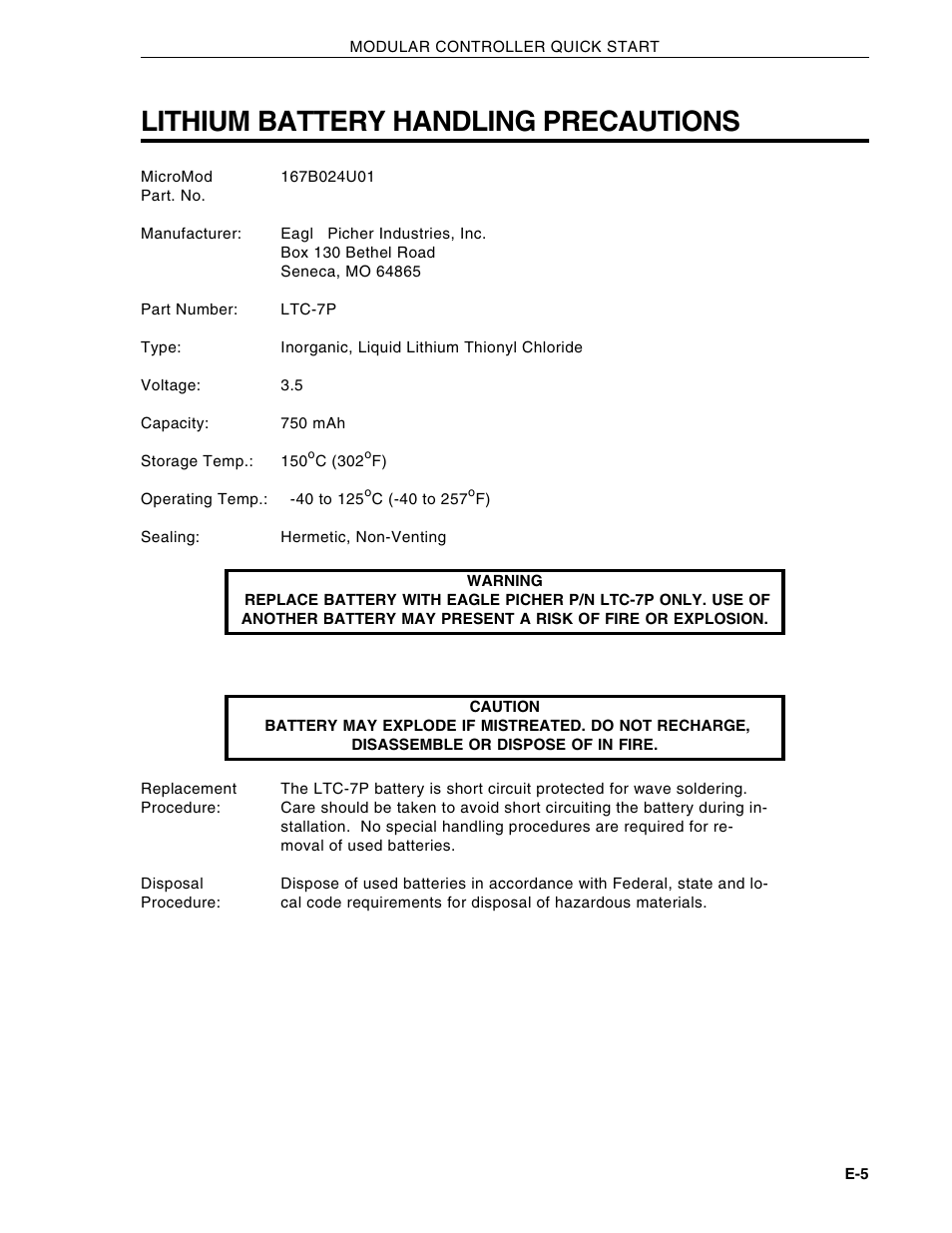 Lithium battery handling precautions | Micromod Micro-DCI: 53MC5000 Multi-Loop Process Controller Instruction Manual User Manual | Page 395 / 406