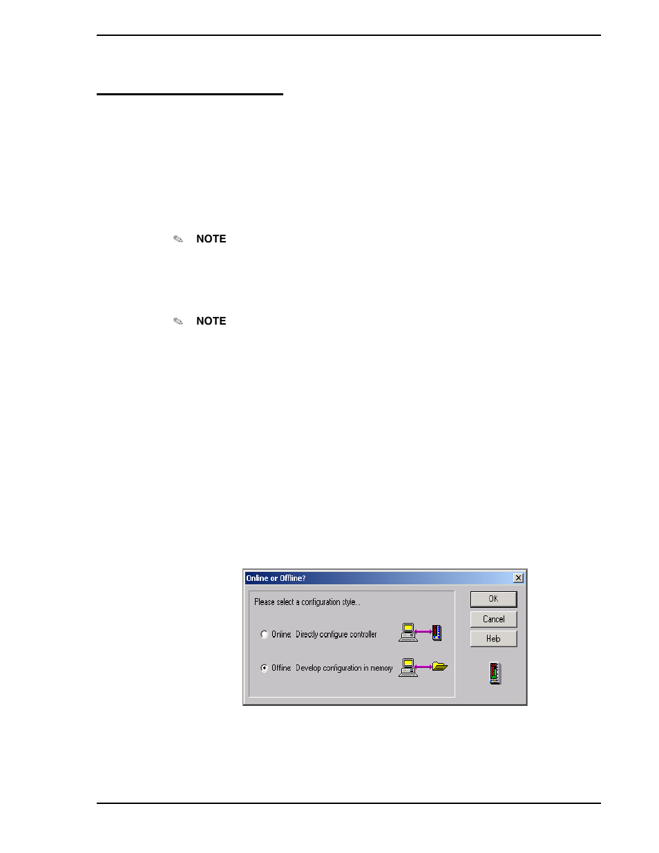 0 guided tour, 1 starting loopmaster, 1 to start loopmaster | 2 online or offline, 0 - guided tour, Figure 3-1. the online or offline? dialog box | Micromod Micro-DCI: 53HC2600 LoopMaster SL6000 CONFIGURATION TOOLKIT User Manual | Page 25 / 94