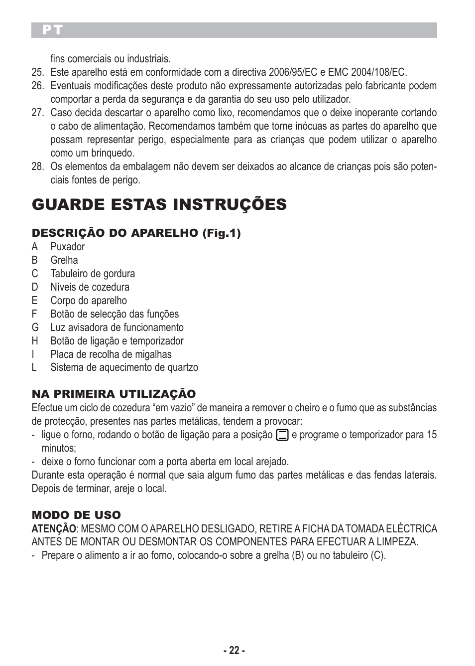 Guarde estas instruções | ARIETE Bon Cusine Petit User Manual | Page 24 / 44