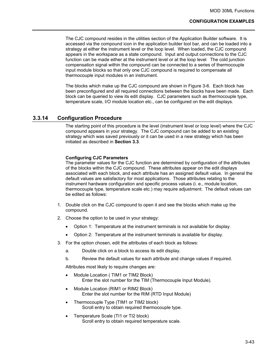 Configuration procedure, Configuring cjc parameters | Micromod MOD: 30ML Functions Data Base Reference User Manual | Page 137 / 152