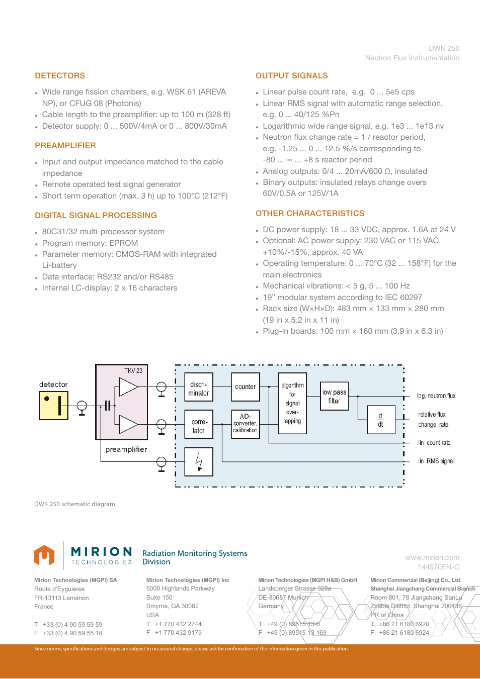 Detectors, Remote operated test signal generator, Linear pulse count rate, e.g. 0 e5 cps | Logarithmic wide range signal, e.g. 1e3 e13 nv, Mechanical vibrations: < 5 g, 5 hz | Mirion Technologies DWK 250 User Manual | Page 2 / 2