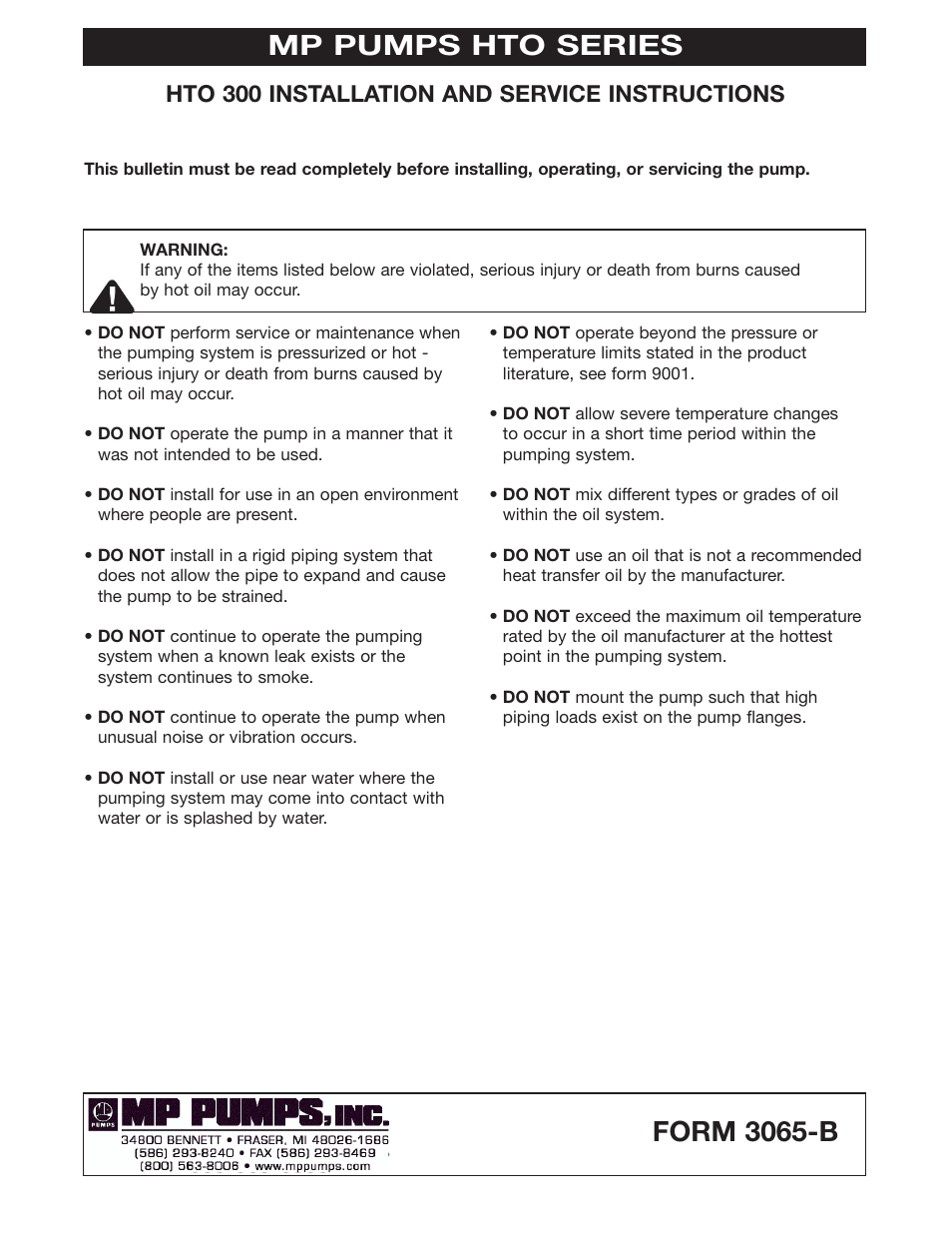 MP Pumps HTO 300 INSTALL User Manual | 4 pages