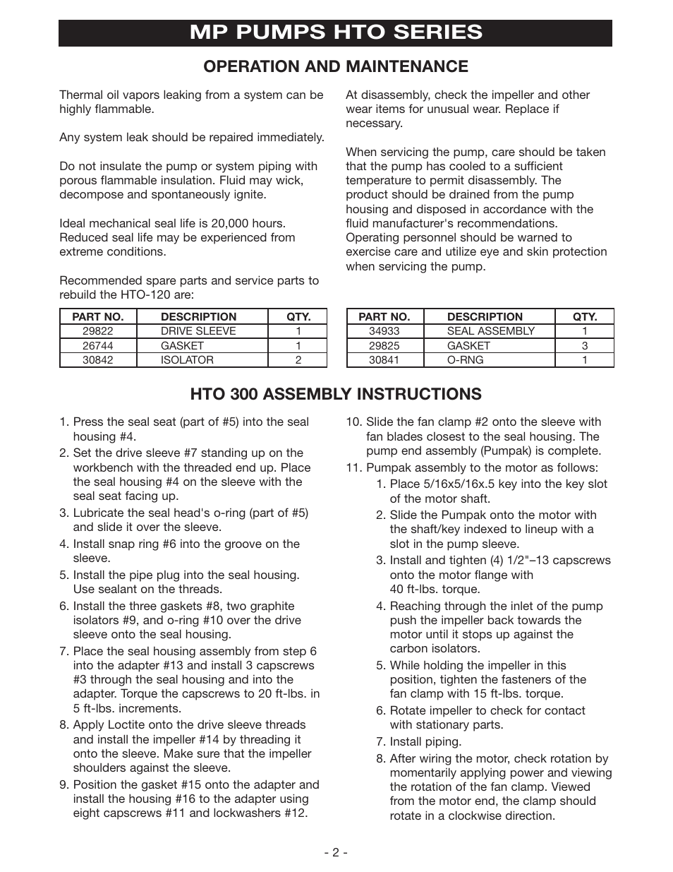 Mp pumps hto series, Operation and maintenance, Hto 300 assembly instructions | MP Pumps HTO 300 INSTALL User Manual | Page 2 / 4