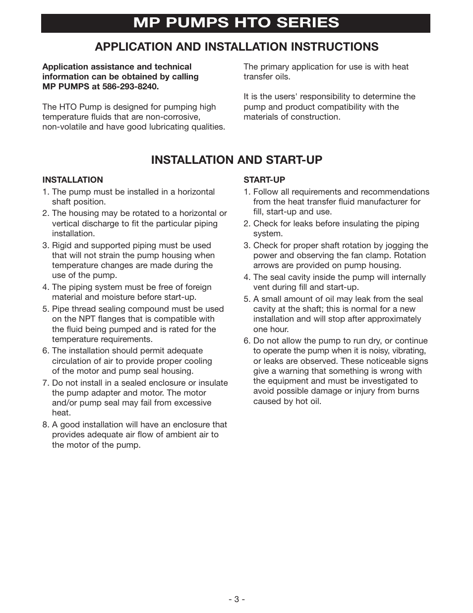 Mp pumps hto series, Application and installation instructions, Installation and start-up | MP Pumps HTO 300 INSTALL User Manual | Page 3 / 4