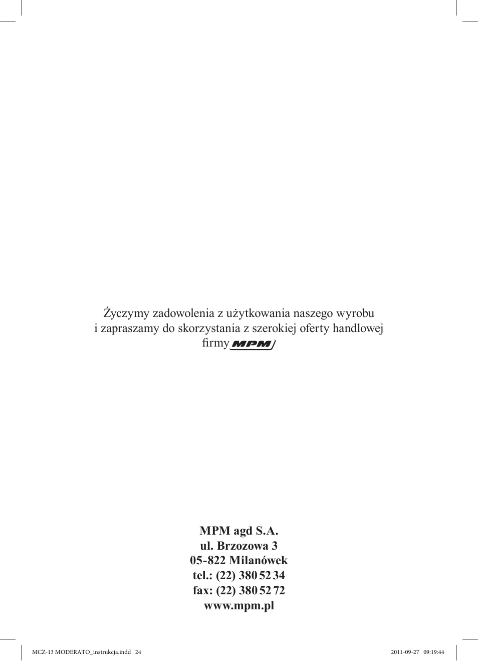 MPM MCZ-13 User Manual | Page 24 / 24