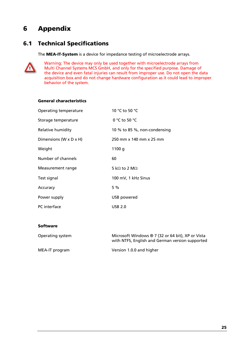 6 appendix, 1 technical specifications | Multichannel Systems MEA-IT Manual User Manual | Page 29 / 30
