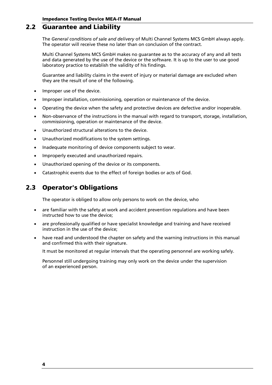 2 guarantee and liability, 3 operator's obligations | Multichannel Systems MEA-IT Manual User Manual | Page 8 / 30