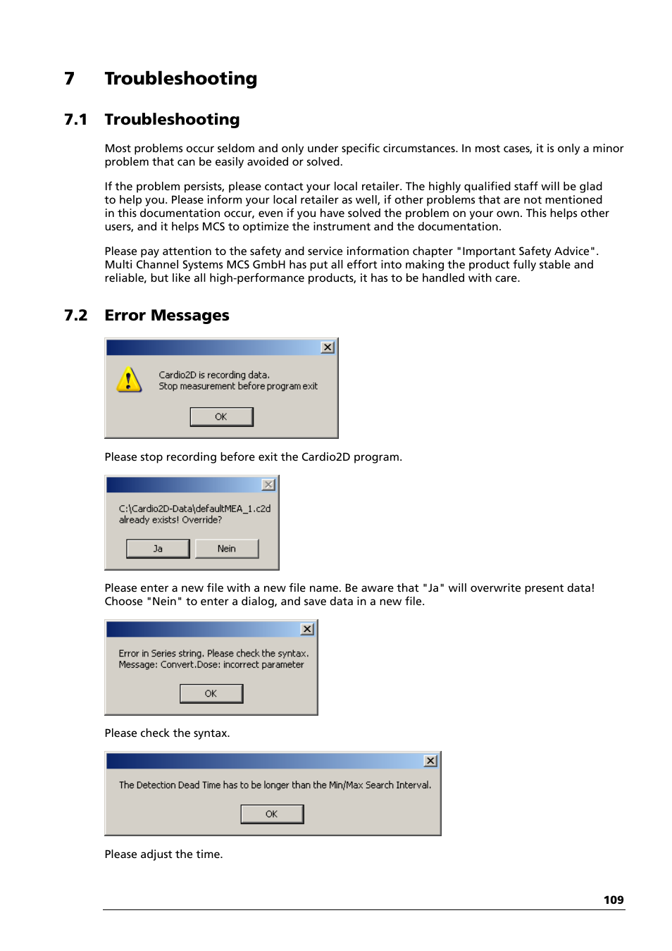 7troubleshooting, 1 troubleshooting, 2 error messages | Multichannel Systems Cardio2D Manual User Manual | Page 113 / 123