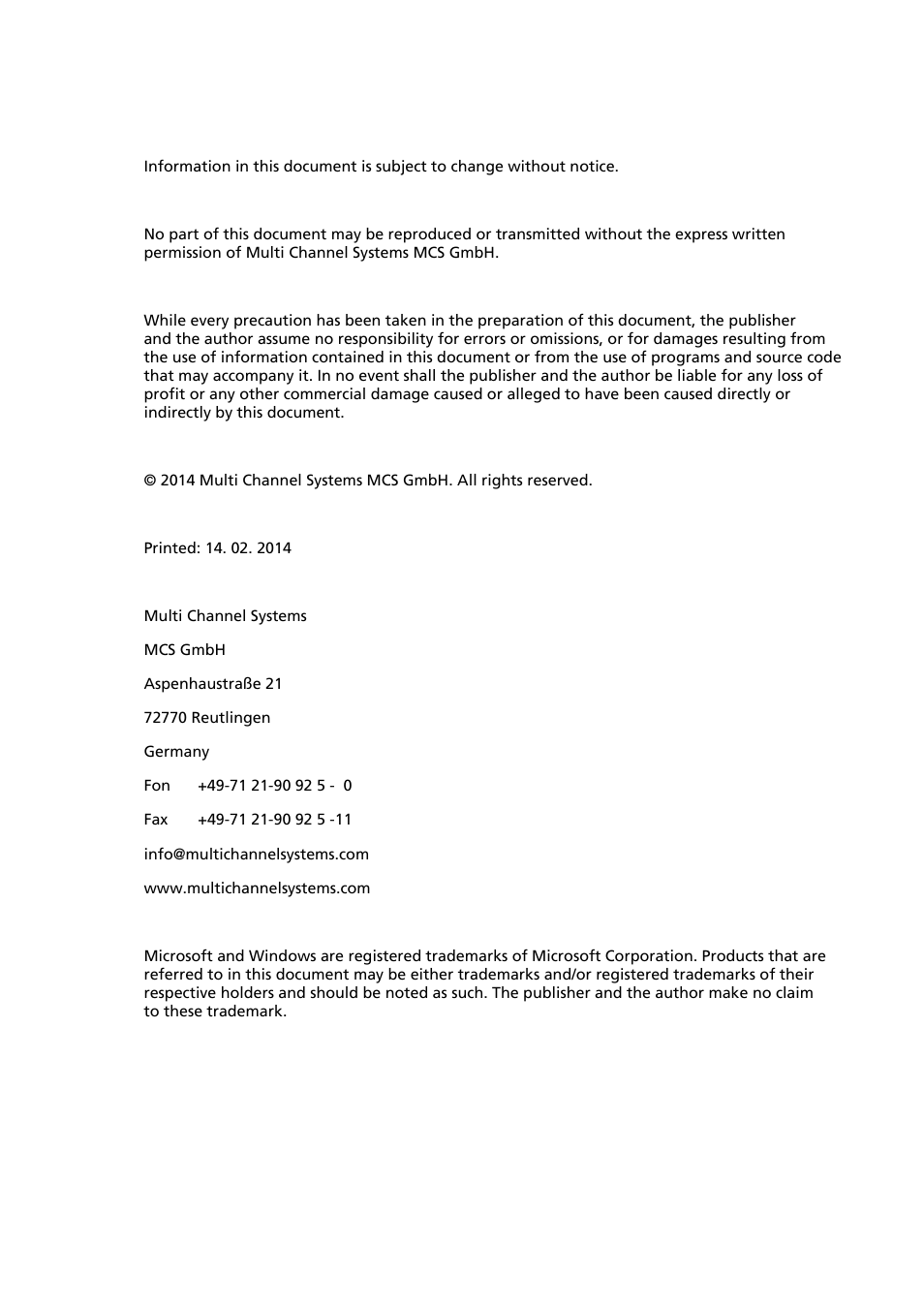 Multichannel Systems Cardio2D Manual User Manual | Page 2 / 123