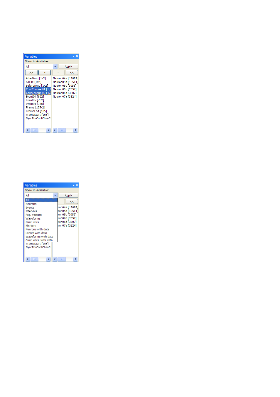 How to select variables in variables panel | Multichannel Systems NeuroExplorer User Manual | Page 31 / 373