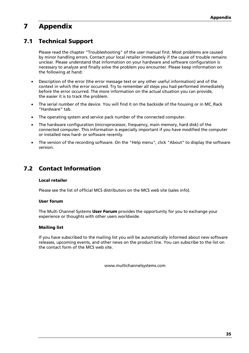 7 appendix, 1 technical support, 2 contact information | Multichannel Systems USB-MEA32-STIM4 Manual User Manual | Page 41 / 50