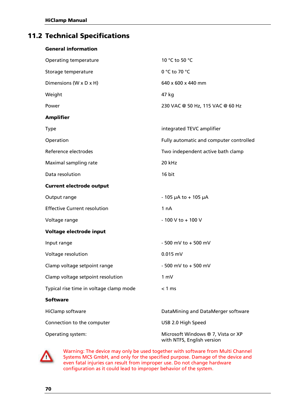 2 technical specifications | Multichannel Systems HiClamp Manual User Manual | Page 76 / 81