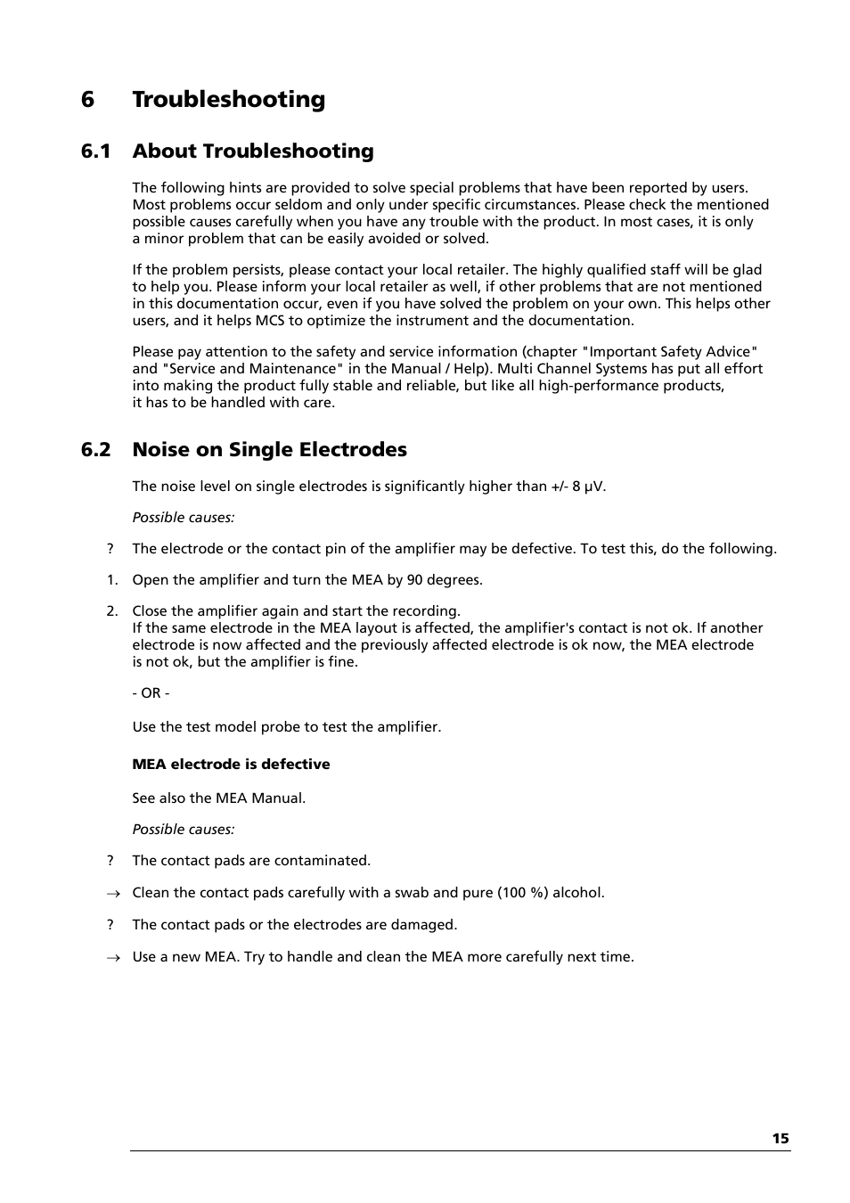 6 troubleshooting, 1 about troubleshooting, 2 noise on single electrodes | Multichannel Systems MEA1060-Up Manual User Manual | Page 19 / 36