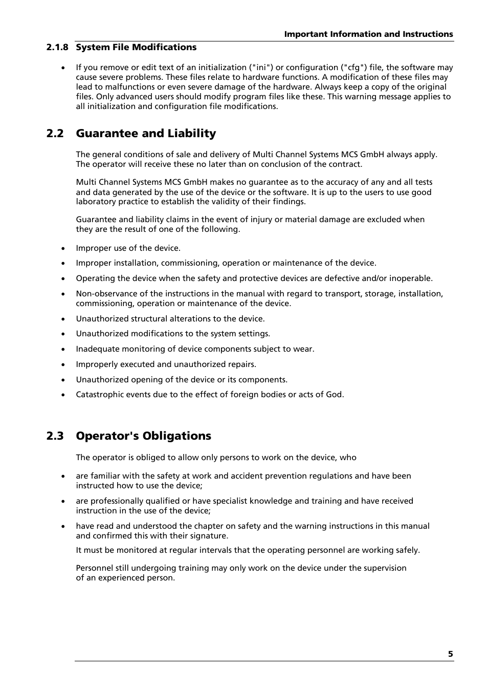 2 guarantee and liability, 3 operator's obligations | Multichannel Systems Roboinject Manual User Manual | Page 9 / 91