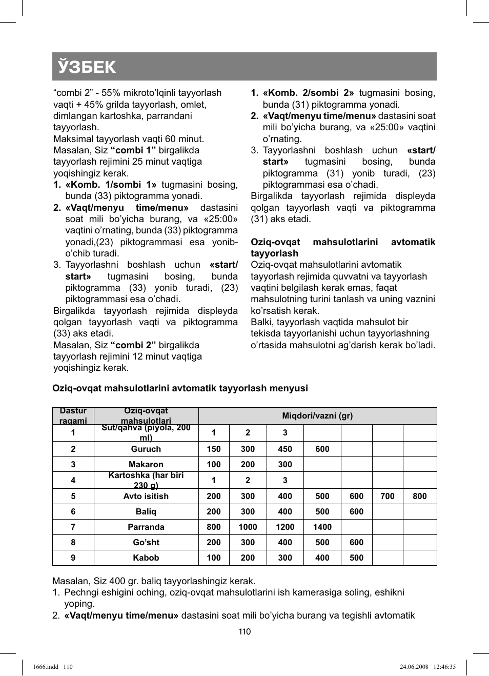 Ўзбек | Vitek VT-1666 User Manual | Page 110 / 116