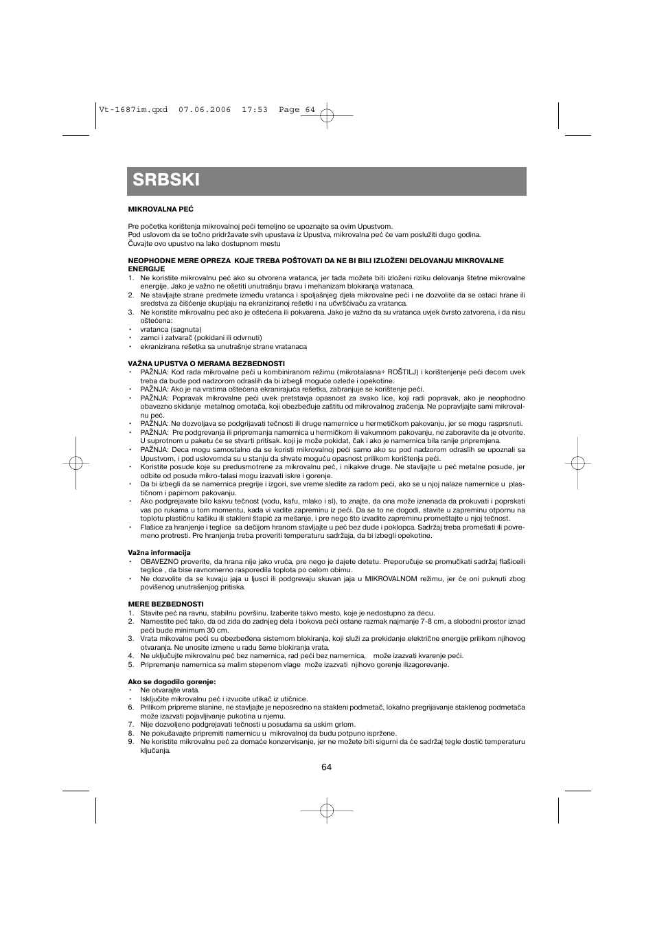 Srbski | Vitek VT-1687 Lacerta User Manual | Page 64 / 120