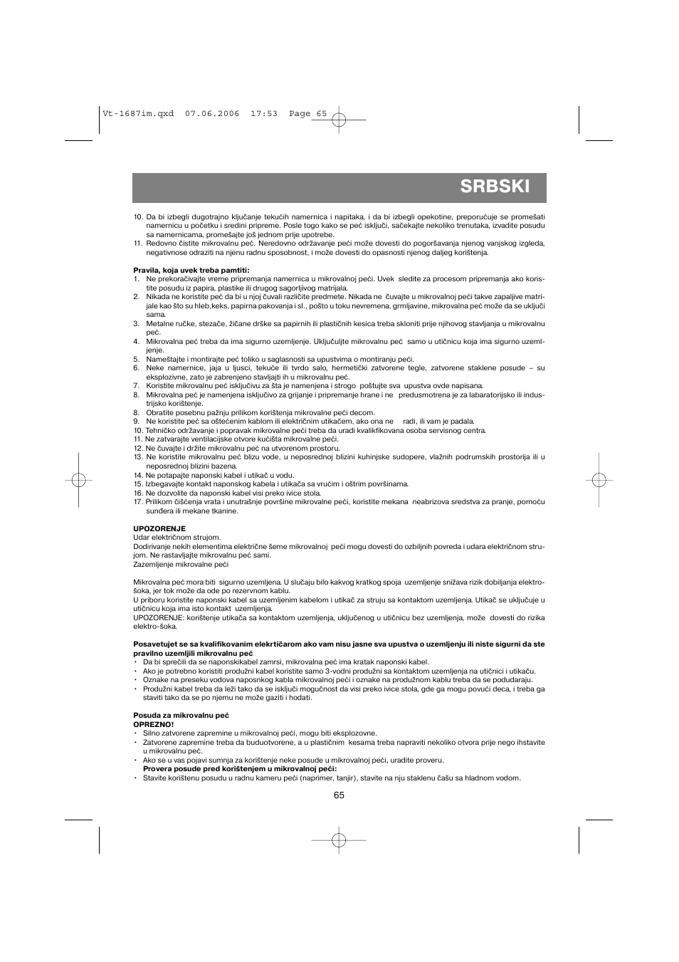 Srbski | Vitek VT-1687 Lacerta User Manual | Page 65 / 120