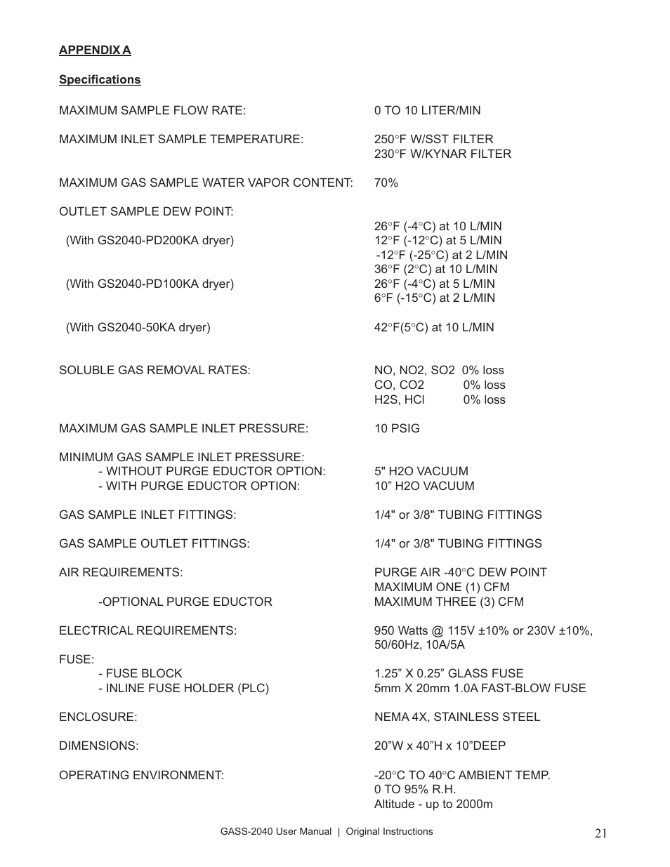 Perma Pure GASS-2040 User Manual | Page 21 / 29