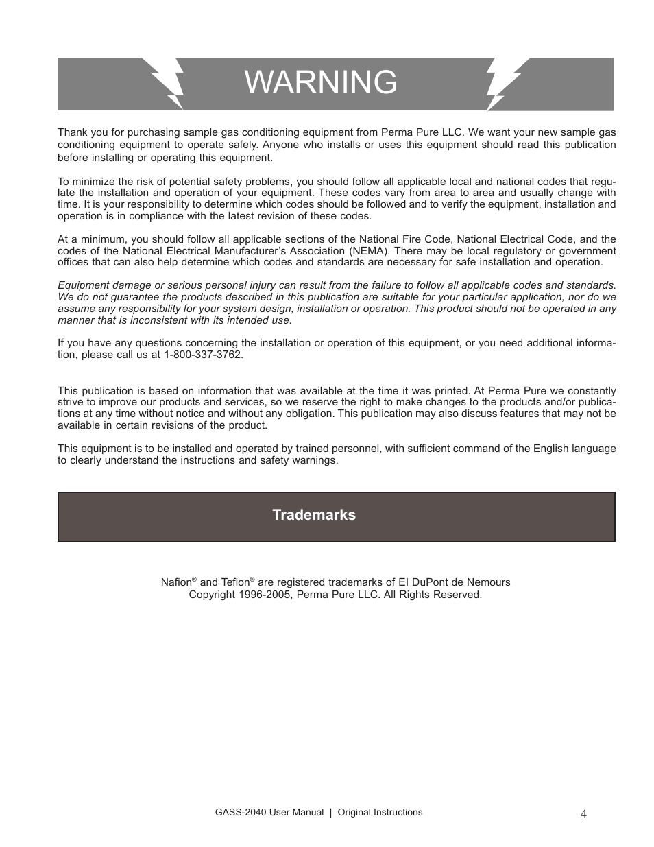 Warning, Trademarks | Perma Pure GASS-2040 User Manual | Page 4 / 29