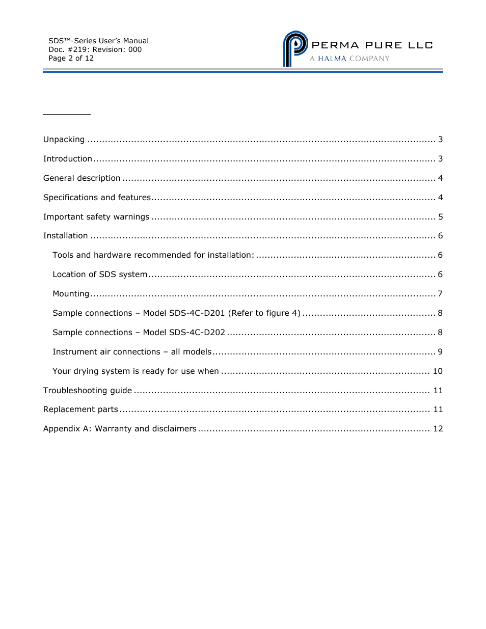 Perma pure llc | Perma Pure SDS-Series 4C-D201_-D202 User Manual | Page 2 / 12