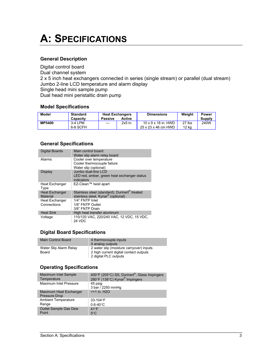 A: s, Pecifications, General specifications | Digital board specifications, Operating specifications | Perma Pure Baldwin-Series MP5400 User Manual | Page 3 / 26