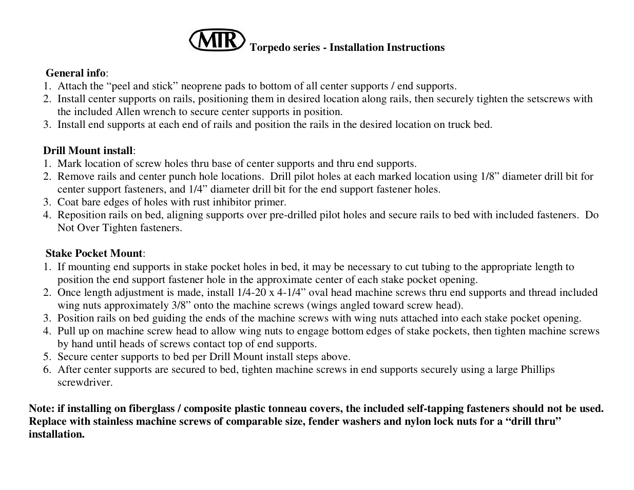 Perrycraft MTR Torpedo-style Bed Rails User Manual | 1 page