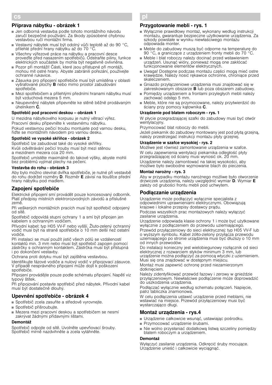 Příprava nábytku - obrázek 1, Zapojení spotřebiče, Upevnění spotřebiče ­ obrázek 4 | Przygotowanie mebli - rys. 1, Podłączanie urządzenia, Montaż urządzenia ­ rys.4 | Bosch HBG78B750 Edelstahl Einbaubackofen User Manual | Page 10 / 11