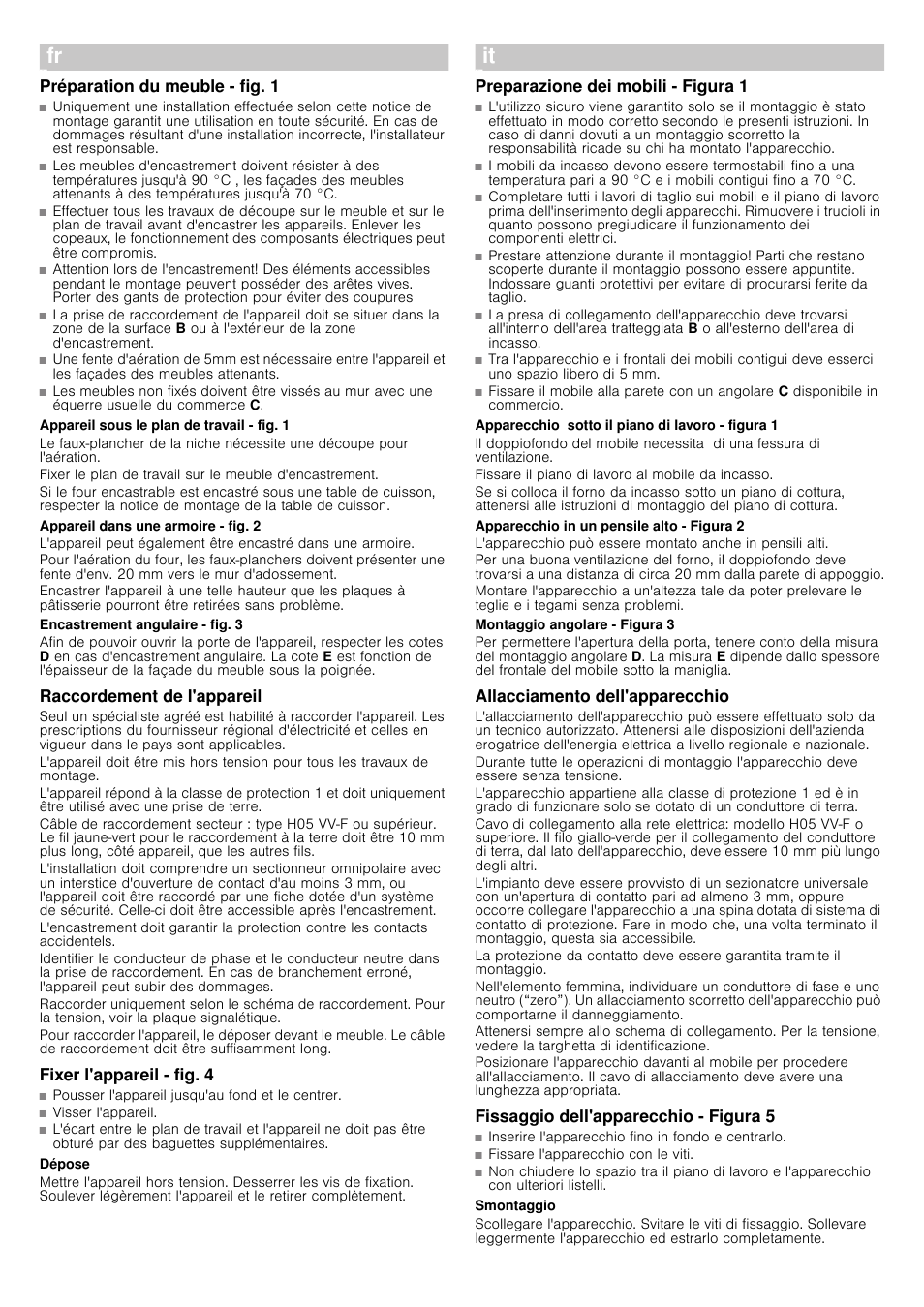 Préparation du meuble - fig. 1, Raccordement de l'appareil, Fixer l'appareil ­ fig. 4 | Preparazione dei mobili ­ figura 1, Allacciamento dell'apparecchio, Fissaggio dell'apparecchio - figura 5 | Bosch HBG78B750 Edelstahl Einbaubackofen User Manual | Page 5 / 11