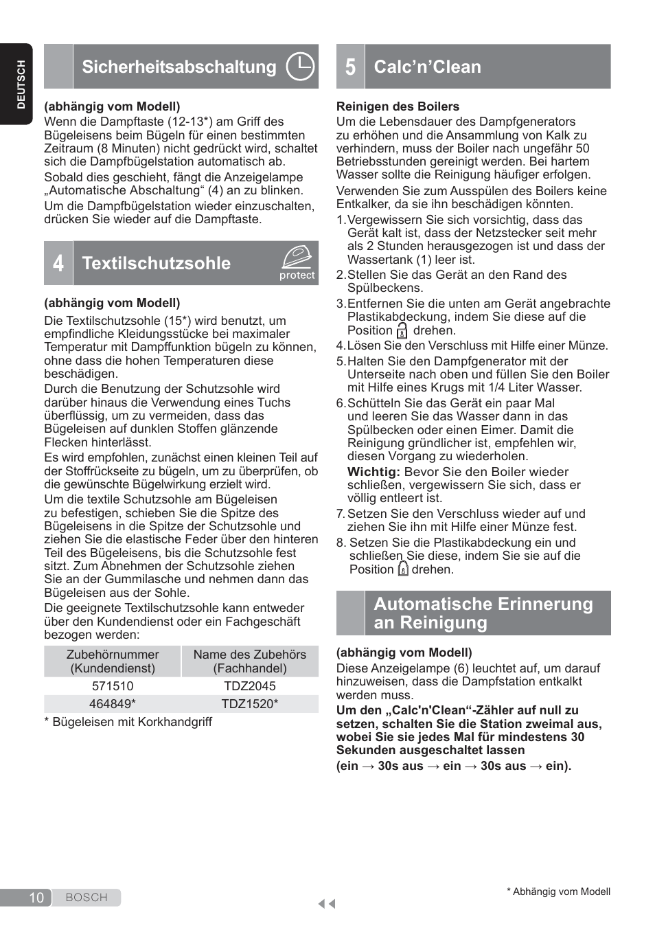 Sicherheitsabschaltung, Textilschutzsohle, Calc’n’clean | Automatische erinnerung an reinigung | Bosch TDS3560 schwarz schwarz Dampfstation Sensixx B35L power User Manual | Page 10 / 158