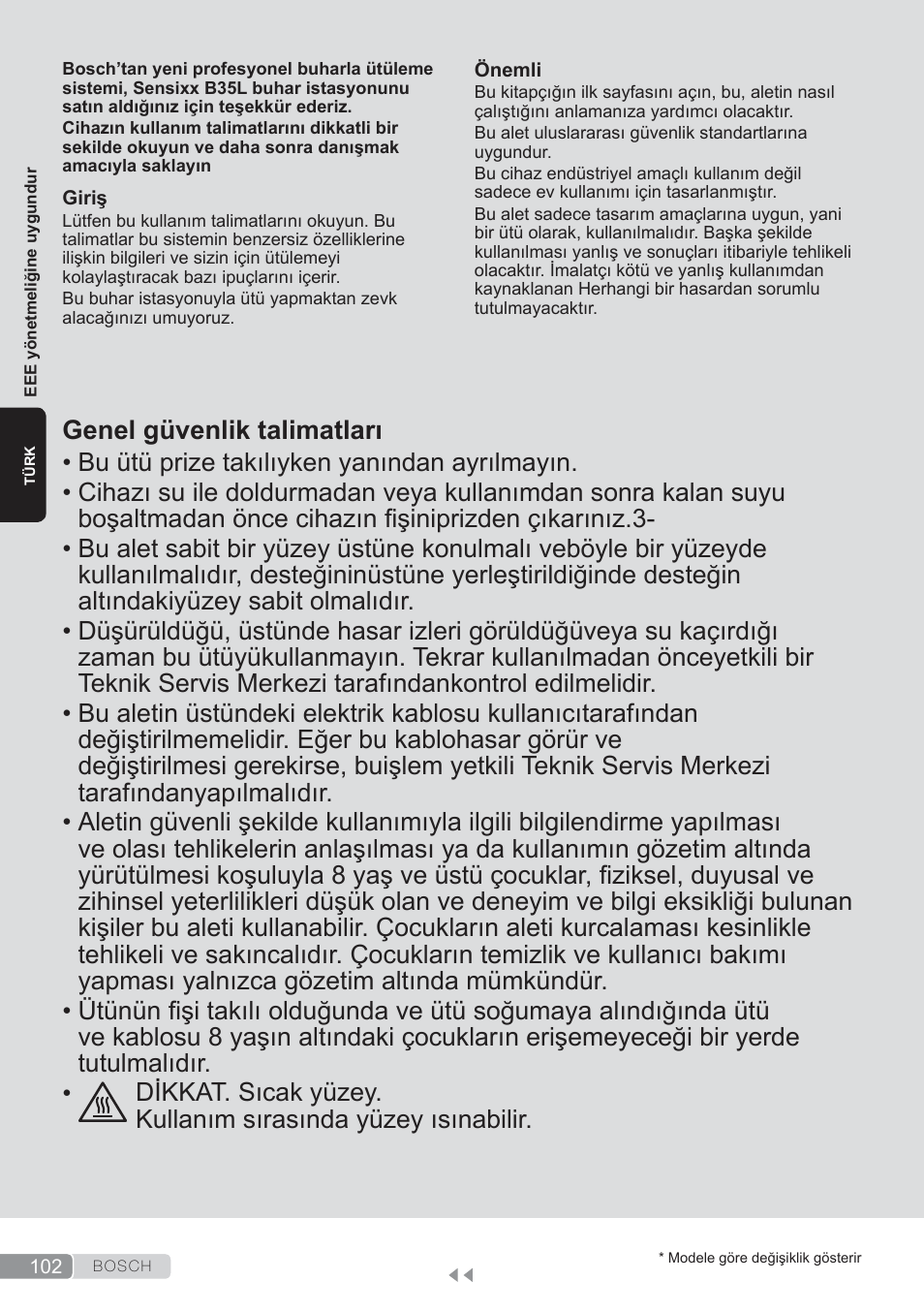 Türk, Genel güvenlik talimatları | Bosch TDS3560 schwarz schwarz Dampfstation Sensixx B35L power User Manual | Page 102 / 158