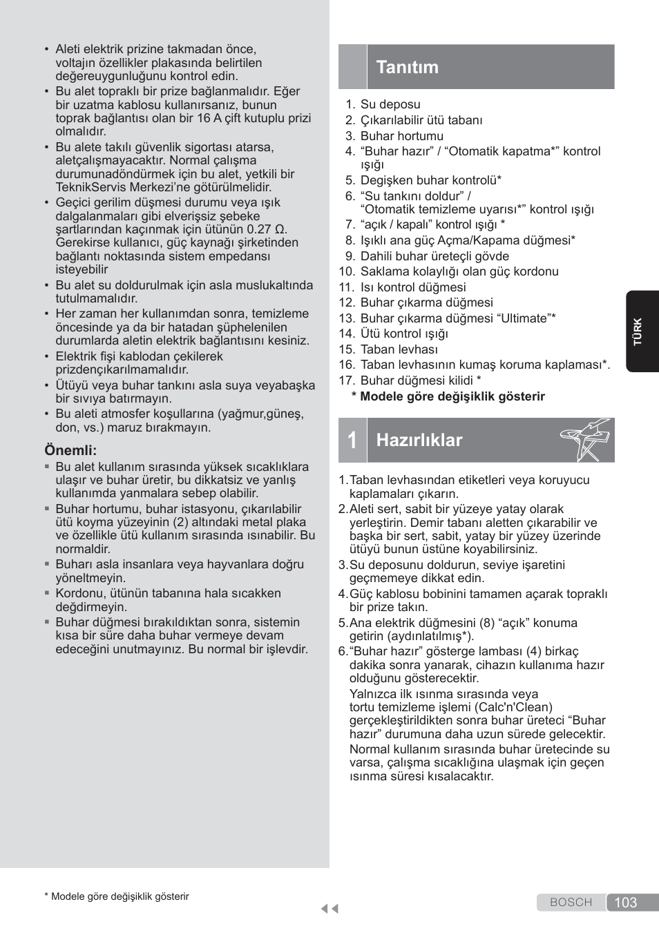 Tanıtım, Hazırlıklar | Bosch TDS3560 schwarz schwarz Dampfstation Sensixx B35L power User Manual | Page 103 / 158