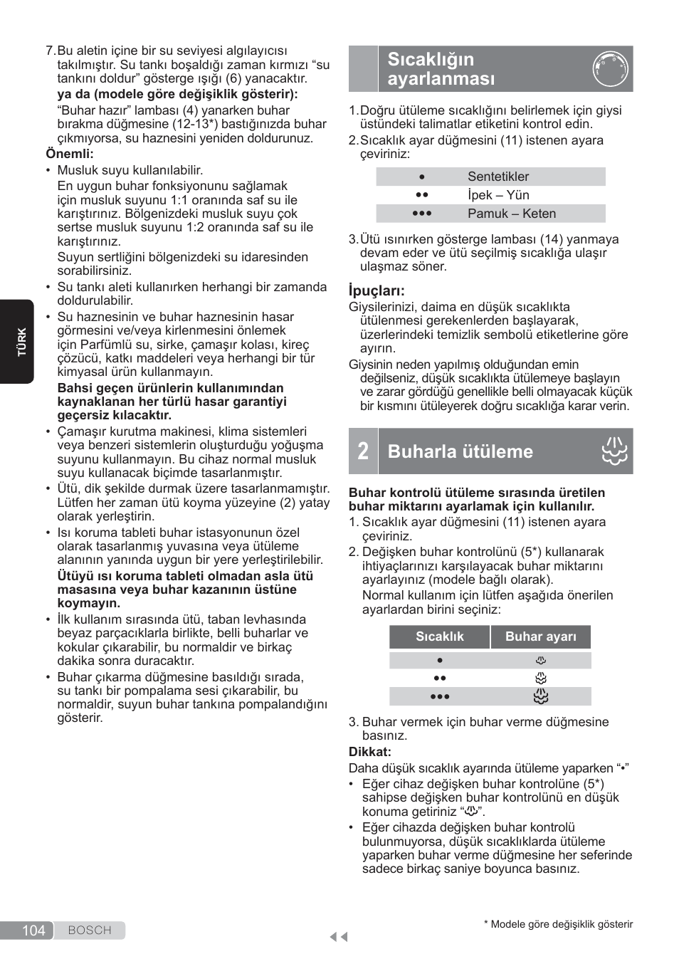 Sıcaklığın ayarlanması, Buharla ütüleme | Bosch TDS3560 schwarz schwarz Dampfstation Sensixx B35L power User Manual | Page 104 / 158