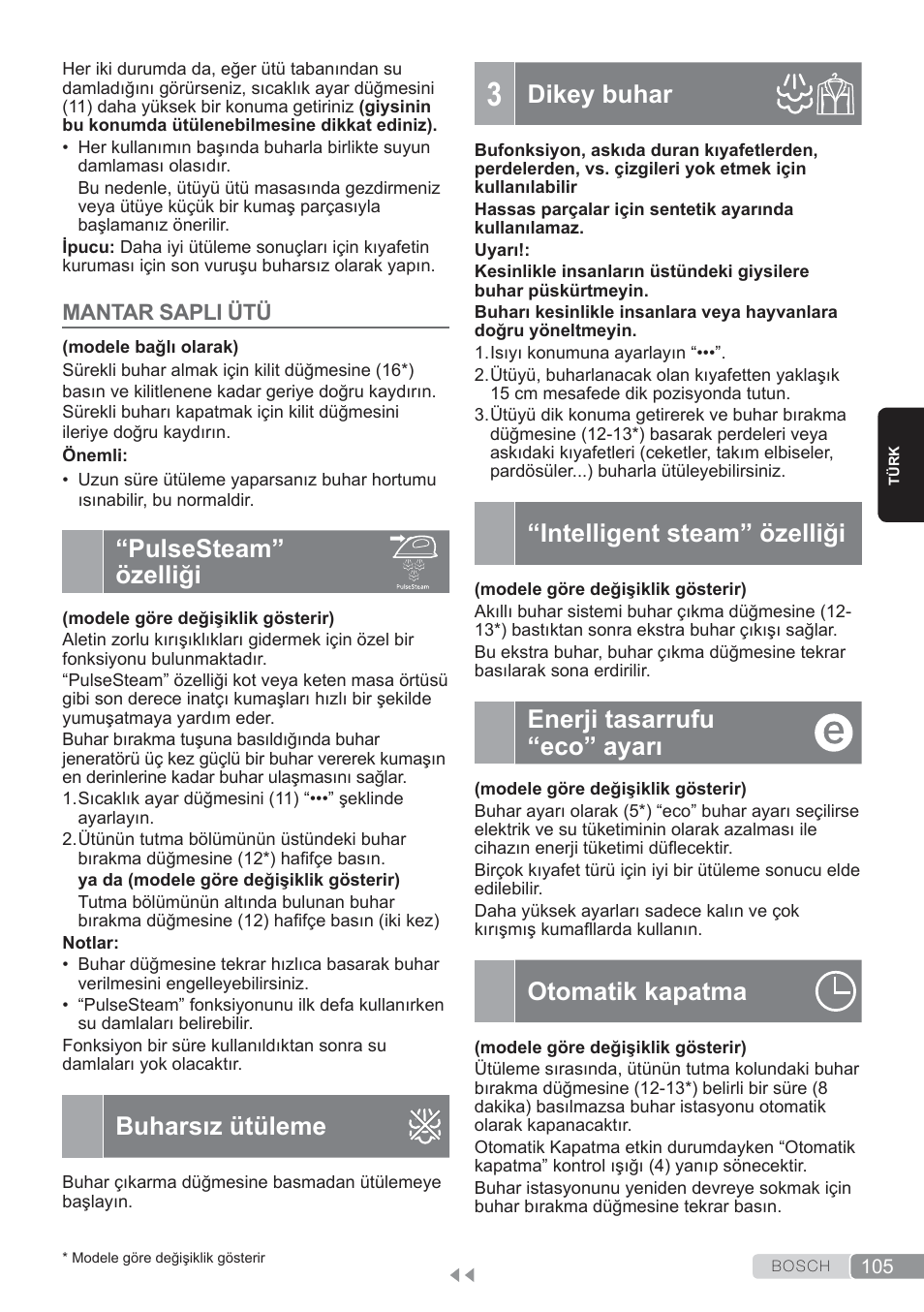 Pulse steam” özelliği, Buharsız ütüleme, Dikey buhar | Intelligent steam” özelliği, Enerji tasarrufu “eco” ayarı, Otomatik kapatma, Pulsesteam” özelliği | Bosch TDS3560 schwarz schwarz Dampfstation Sensixx B35L power User Manual | Page 105 / 158