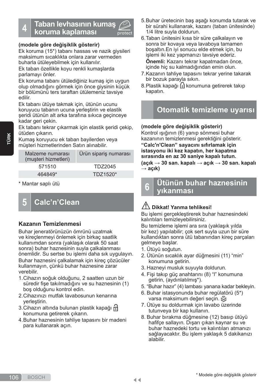 Taban levhasının kumaş koruma kaplaması, Calc’n’clean, Otomatik temizleme uyarısı | Ütünün buhar haznesinin yıkanması | Bosch TDS3560 schwarz schwarz Dampfstation Sensixx B35L power User Manual | Page 106 / 158
