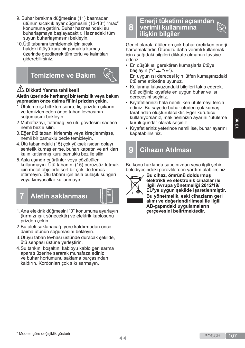 Temizleme ve bakım, Aletin saklanması, Cihazın atılması | Bosch TDS3560 schwarz schwarz Dampfstation Sensixx B35L power User Manual | Page 107 / 158