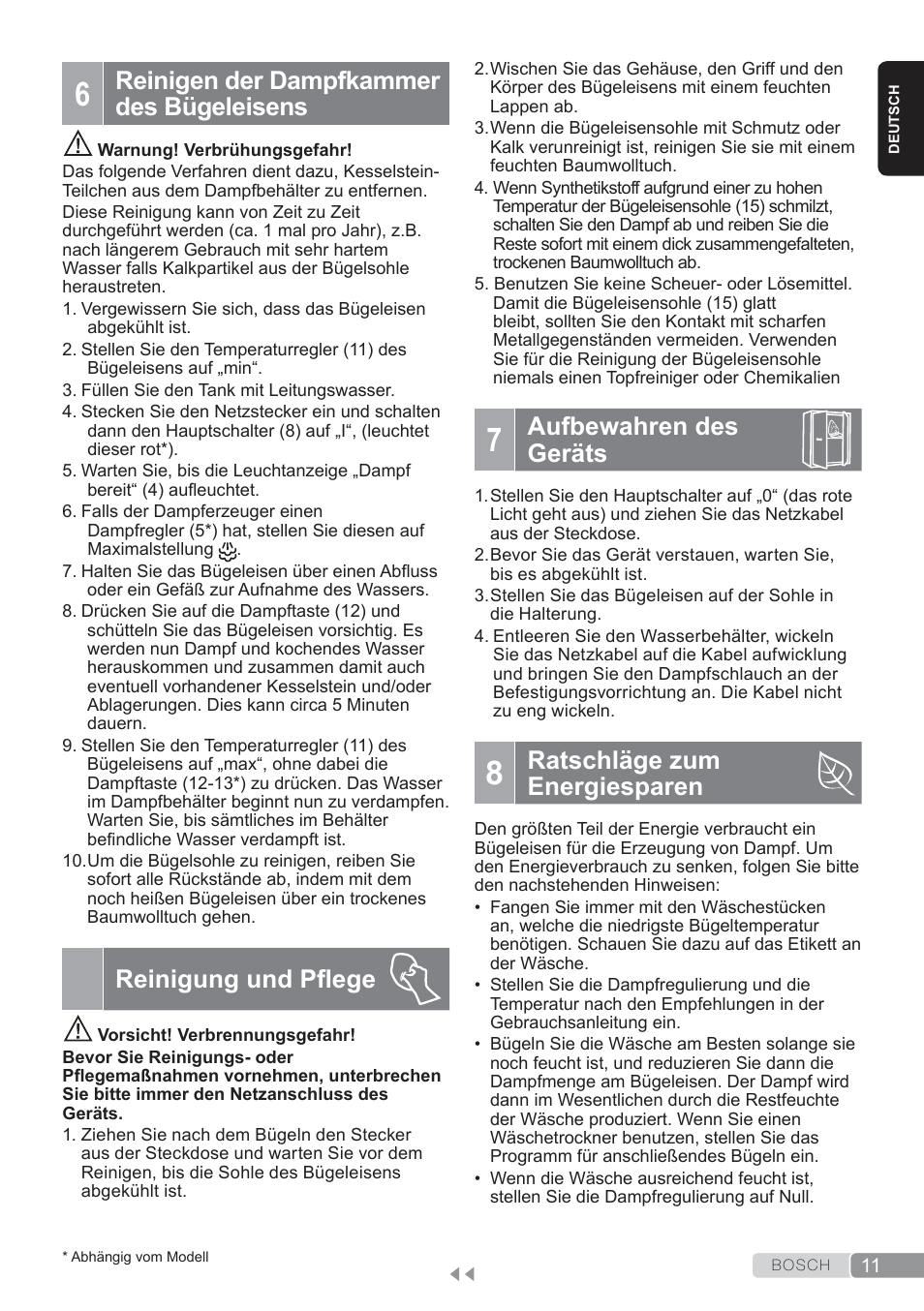 Reinigen der dampfkammer des bügeleisens, Reinigung und pflege, Aufbewahren des geräts | Ratschläge zumenergiesparen, Ratschläge zum energiesparen | Bosch TDS3560 schwarz schwarz Dampfstation Sensixx B35L power User Manual | Page 11 / 158