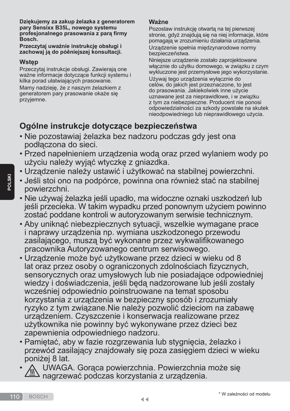 Polski, Ogólne instrukcje dotyczące bezpieczeństwa | Bosch TDS3560 schwarz schwarz Dampfstation Sensixx B35L power User Manual | Page 110 / 158